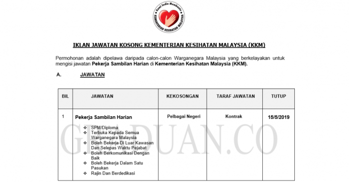 Permohonan Jawatan Kosong Terkini Kementerian Kesihatan Malaysia (KKM) Permohonan Jawatan Kosong Terkini Kementerian Kesihatan Malaysia (KKM)