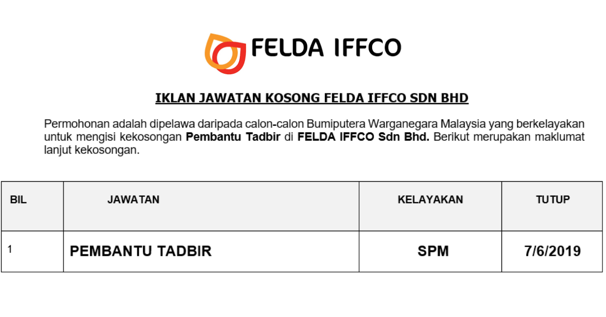 Permohonan Jawatan Kosong Terkini FELDA IFFCO Sdn Bhd