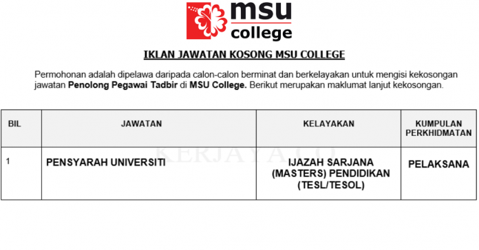 Permohonan Jawatan Kosong Terkini MSU COLLEGE (1) Permohonan Jawatan Kosong Terkini MSU COLLEGE