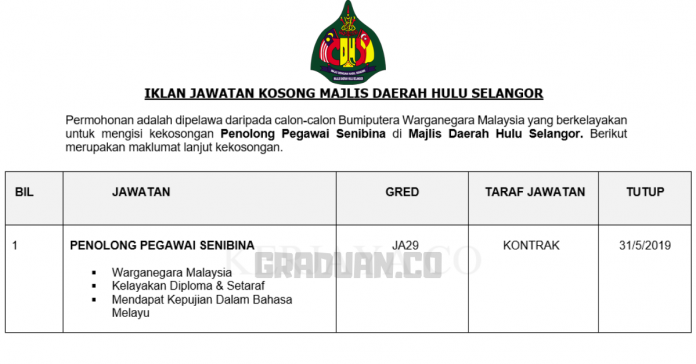 Permohonan Jawatan Kosong Terkini Majlis Daerah Hulu Selangor Permohonan Jawatan Kosong Terkini Majlis Daerah Hulu Selangor