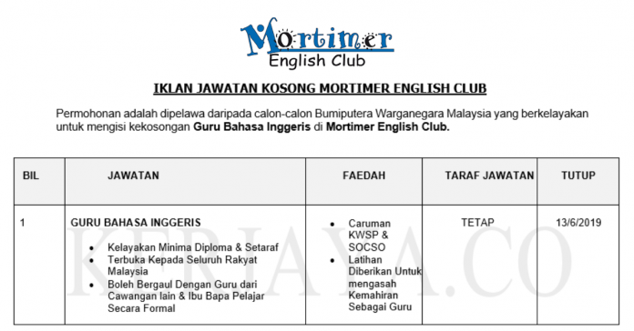 Permohonan Jawatan Kosong Terkini Mortimer English Club Permohonan Jawatan Kosong Terkini Mortimer English Club