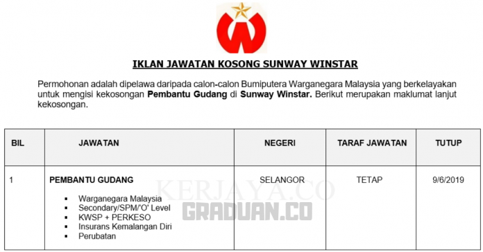Permohonan Jawatan Kosong Terkini Sunway Winstar _ Pembantu Gudang Permohonan Jawatan Kosong Terkini Sunway Winstar _ Pembantu Gudang