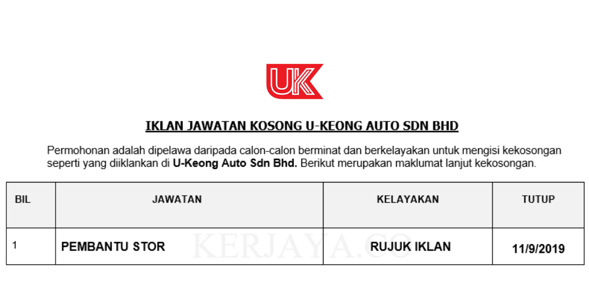 U-Keong Auto Sdn Bhd _ Pembantu Stor