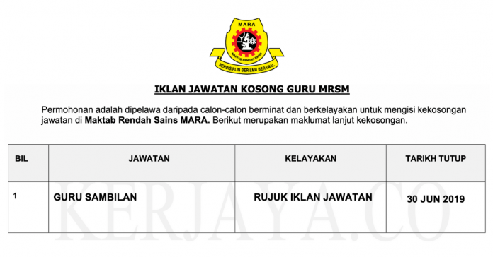 Permohonan Jawatan Kosong Terkini Maktab Rendah Sains Mara (MRSM) Permohonan Jawatan Kosong Terkini Maktab Rendah Sains Mara (MRSM)