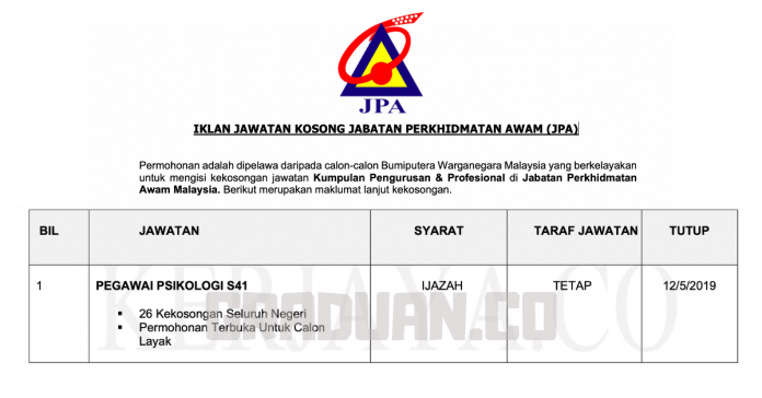 Jawatan Kosong Jabatan Perkhidmatan Awam Malaysia (JPA) Jawatan Kosong Jabatan Perkhidmatan Awam Malaysia (JPA)