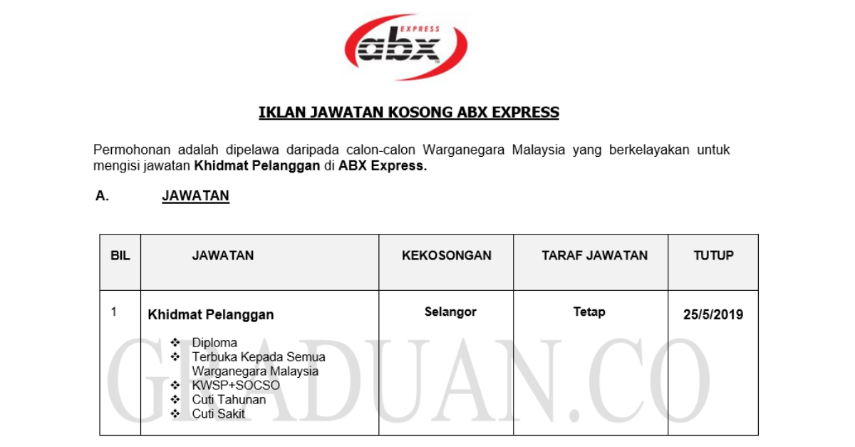 Permohonan Jawatan Kosong Terkini ABX Express _ Khidmat Pelanggan