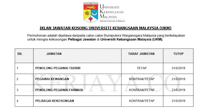 Permohonan Jawatan Kosong Terkini Universiti Kebangsaan Malaysia (UKM) Permohonan Jawatan Kosong Terkini Universiti Kebangsaan Malaysia (UKM)