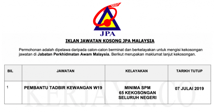 Jawatan Kosong Pembantu Tadbir Kewangan Jabatan Perkhidmatan Awam (JPA) Jawatan Kosong Pembantu Tadbir Kewangan Jabatan Perkhidmatan Awam (JPA)