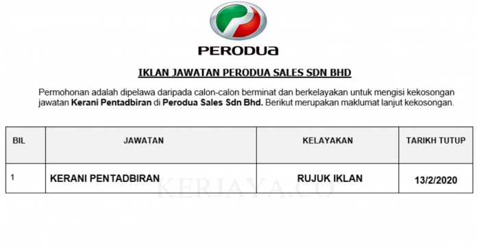 Permohonan Jawatan Kosong Perodua Sales Sdn Bhd • Portal 