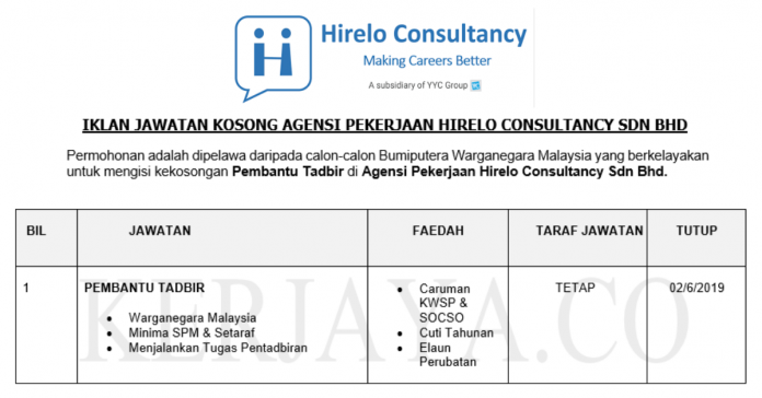 Permohonan Jawatan Kosong Terkini Agensi Pekerjaan Hirelo Consultancy Permohonan Jawatan Kosong Terkini Agensi Pekerjaan Hirelo Consultancy