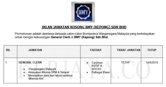 Permohonan Jawatan Kosong Terkini BMY (Kepong) Sdn Bhd Permohonan Jawatan Kosong Terkini BMY (Kepong) Sdn Bhd