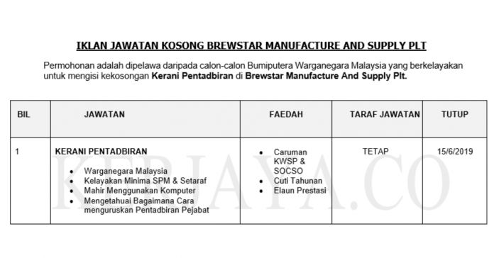 Permohonan Jawatan Kosong Terkini Brewstar Manufacture And Supply Plt Permohonan Jawatan Kosong Terkini Brewstar Manufacture And Supply Plt