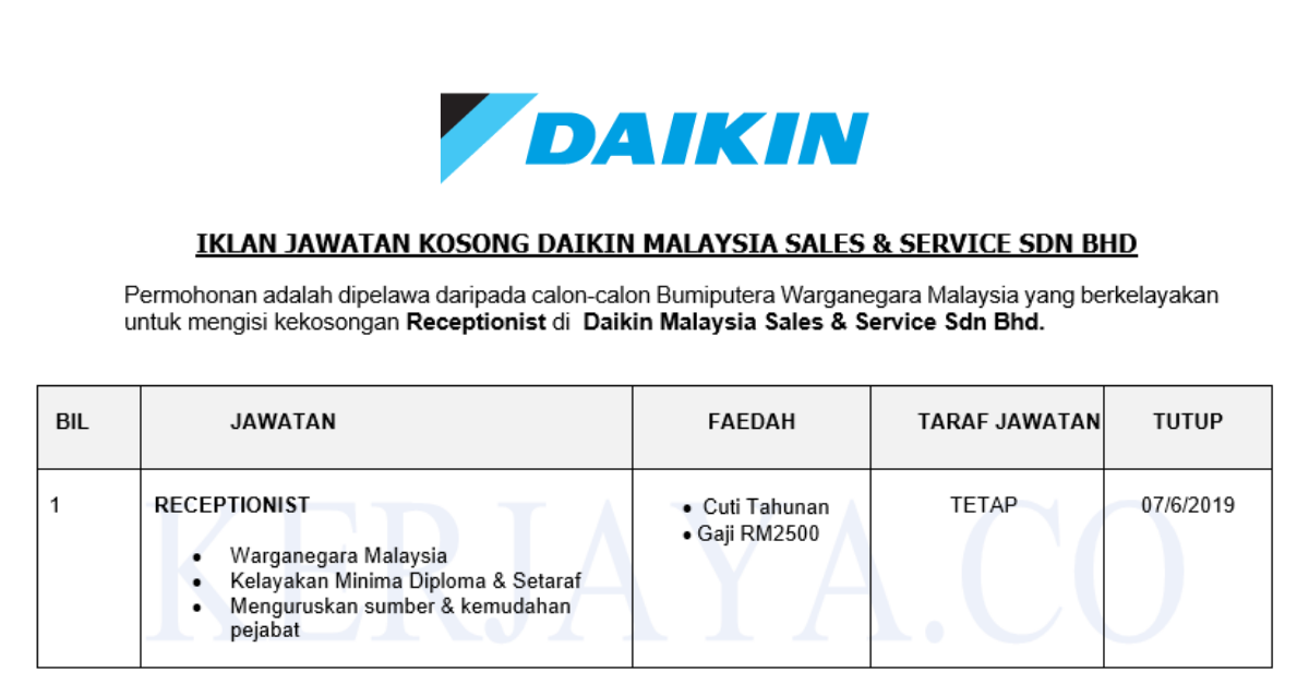 Permohonan Jawatan Kosong Terkini Daikin Malaysia Sales & Service