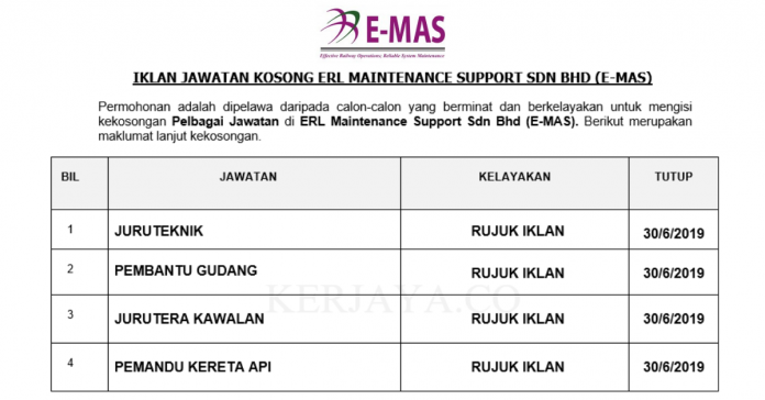 Permohonan Jawatan Kosong Terkini ERL Maintenance Support Sdn Bhd (E-MAS) Permohonan Jawatan Kosong Terkini ERL Maintenance Support Sdn Bhd (E-MAS)