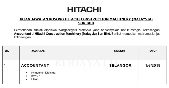 Permohonan Jawatan Kosong Terkini Hitachi Construction Machinery (Malaysia) Sdn Bhd (1) Permohonan Jawatan Kosong Terkini Hitachi Construction Machinery (Malaysia) Sdn Bhd