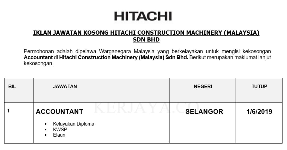 Permohonan Jawatan Kosong Terkini Hitachi Construction Machinery (Malaysia) Sdn Bhd