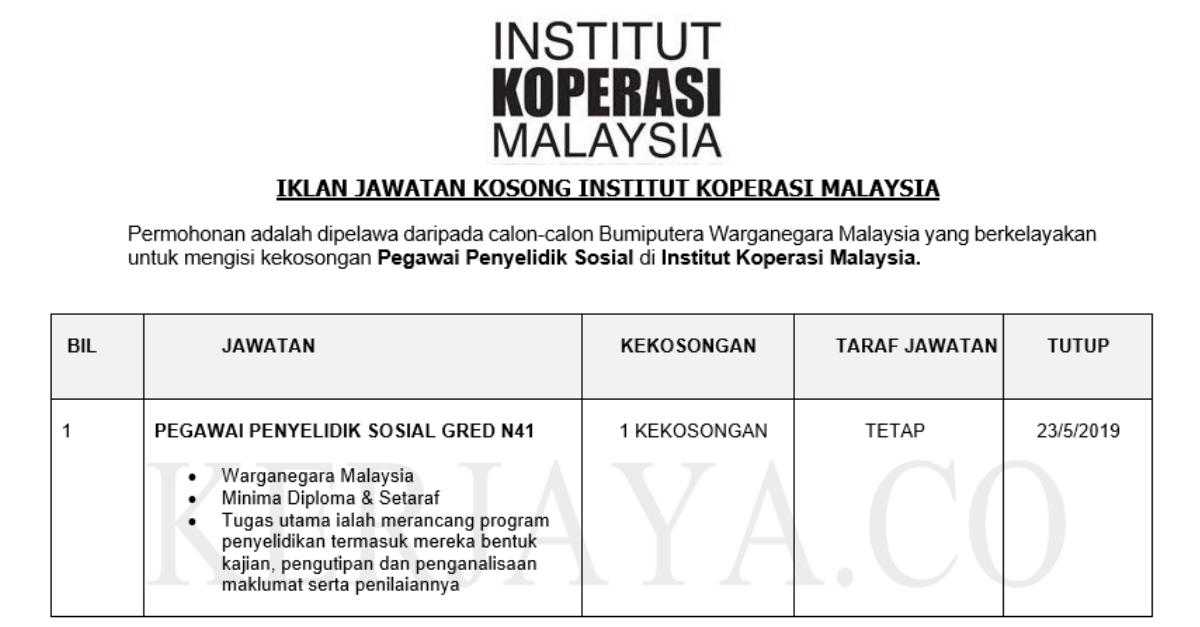 Permohonan Jawatan Kosong Terkini Institut Koperasi Malaysia