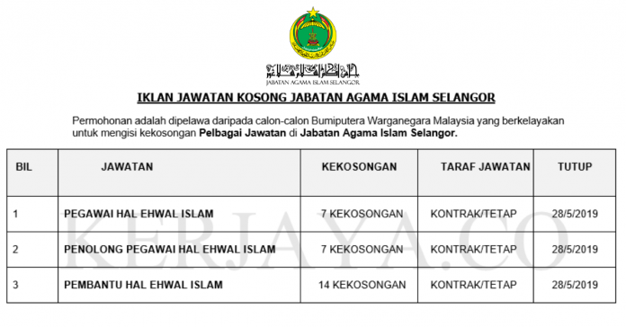 Permohonan Jawatan Kosong Terkini Jabatan Agama Islam Selangor Permohonan Jawatan Kosong Terkini Jabatan Agama Islam Selangor