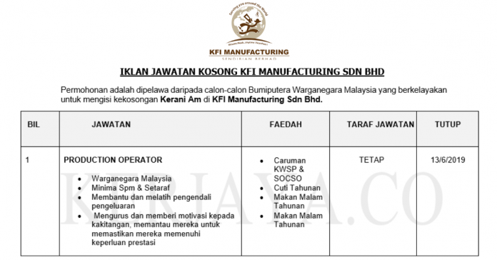 Permohonan Jawatan Kosong Terkini KFI Manufacturing Permohonan Jawatan Kosong Terkini KFI Manufacturing