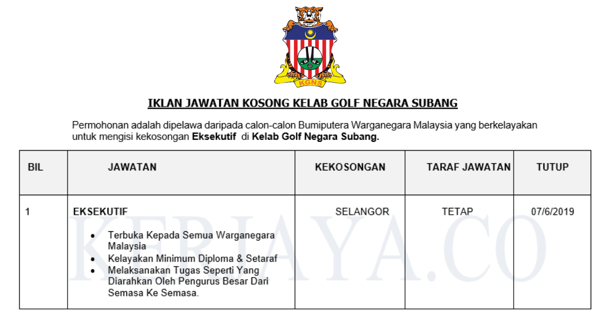 Permohonan Jawatan Kosong Terkini Kelab Golf Negara Subang