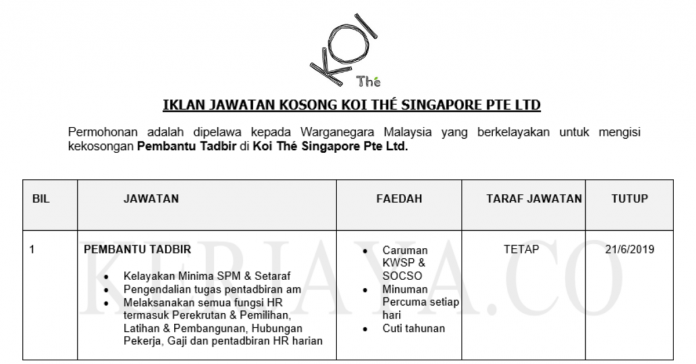 Permohonan Jawatan Kosong Terkini Koi Thé Singapore Pte Ltd Permohonan Jawatan Kosong Terkini Koi Thé Singapore Pte Ltd