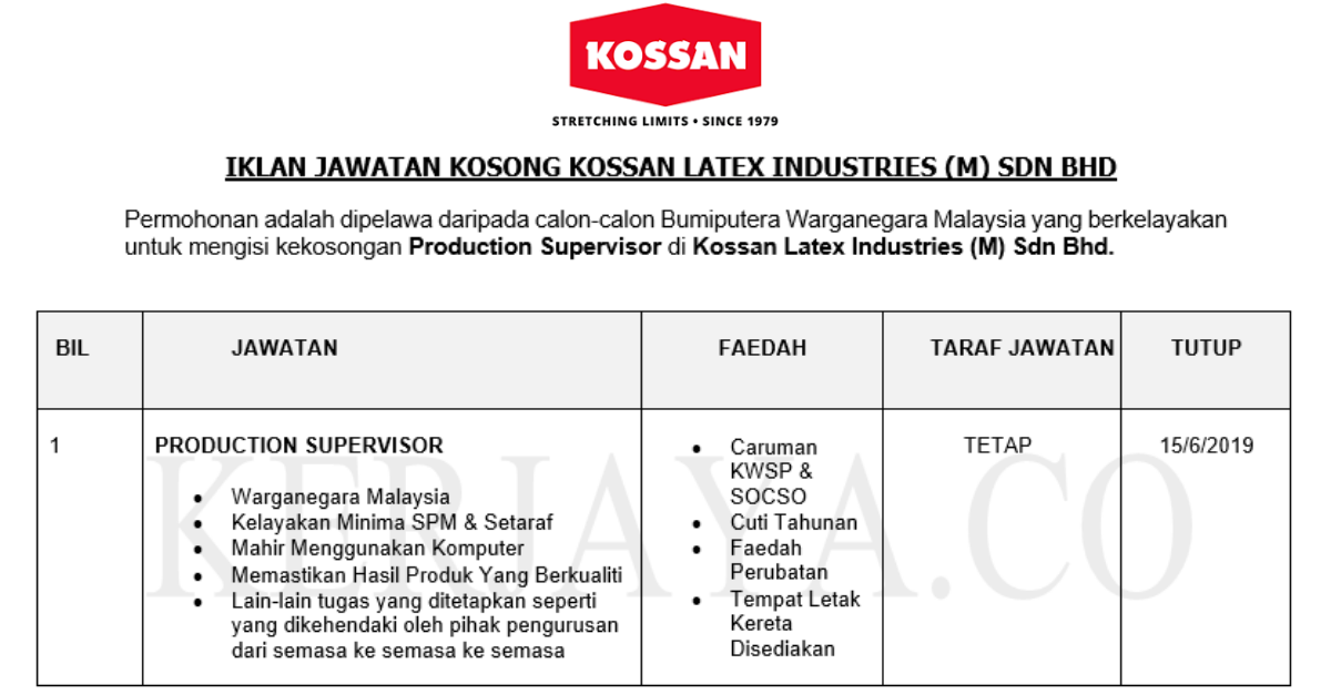 Permohonan Jawatan Kosong Terkini Kossan Latex Industries (M) Sdn Bhd