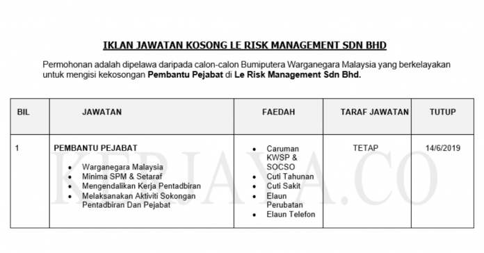 Permohonan Jawatan Kosong Terkini Le Risk Management Permohonan Jawatan Kosong Terkini Le Risk Management