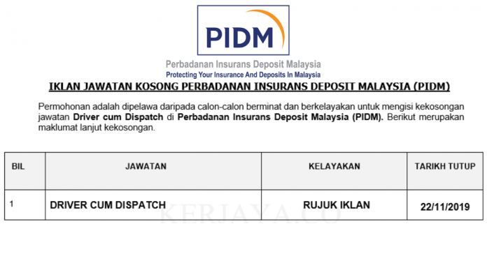 Permohonan Jawatan Kosong Terkini Perbadanan Insurans Deposit Malaysia (PIDM)