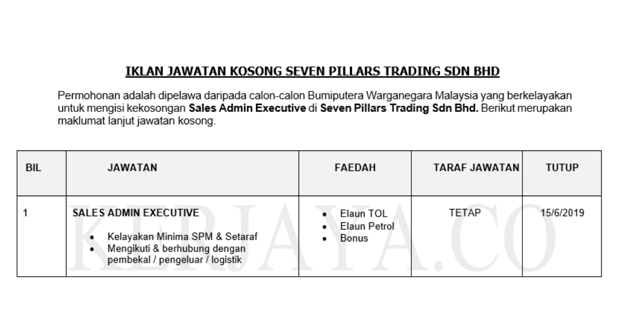 Permohonan Jawatan Kosong Terkini Seven Pillars Trading Sdn Bhd