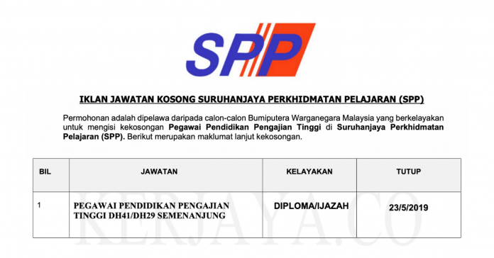 Permohonan Jawatan Kosong Terkini Suruhanjaya Perkhidmatan Pelajaran (SPP) Permohonan Jawatan Kosong Terkini Suruhanjaya Perkhidmatan Pelajaran (SPP)