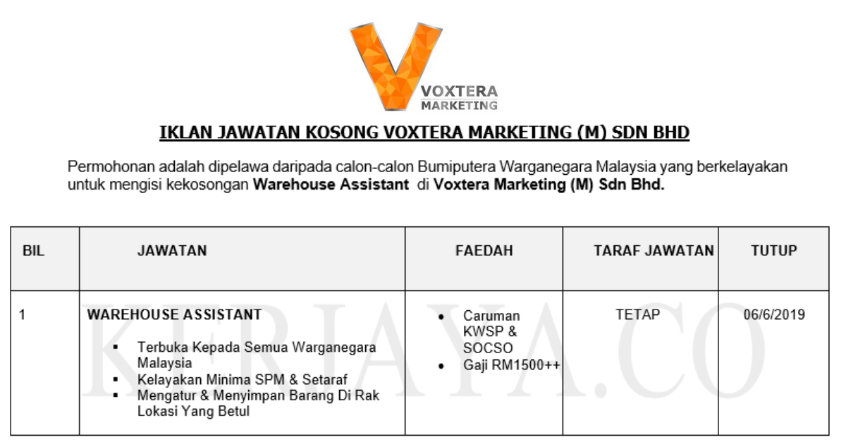Permohonan Jawatan Kosong Terkini Voxtera Marketing (M) _ Warehouse Assistant