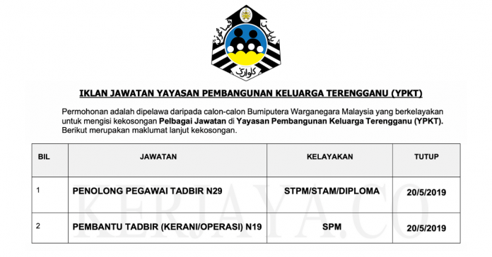 Permohonan Jawatan Kosong Terkini Yayasan Pembangunan Keluarga Terengganu (YPKT) Permohonan Jawatan Kosong Terkini Yayasan Pembangunan Keluarga Terengganu (YPKT)