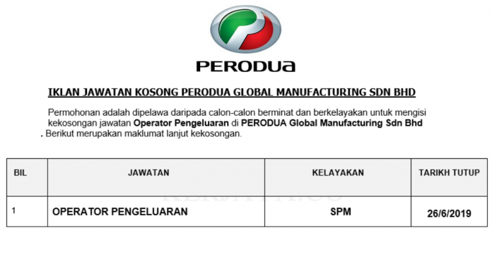 Permohonan Jawatan Kosong PERODUA Global Manufacturing Sdn 