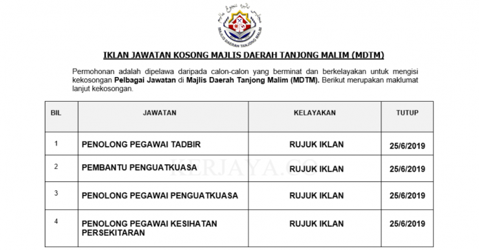 Permohonan Jawatan Kosong Terkini Majlis Daerah Tanjong Malim (MDTM) Permohonan Jawatan Kosong Terkini Majlis Daerah Tanjong Malim (MDTM)