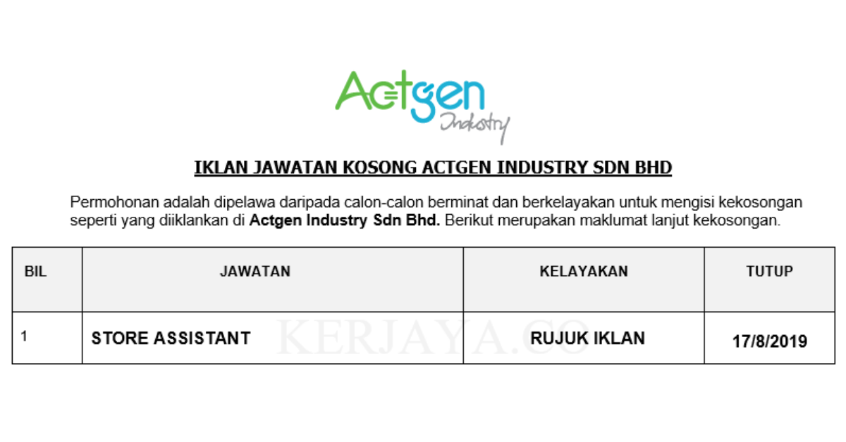 Actgen Industry Sdn Bhd _ Store Assistant
