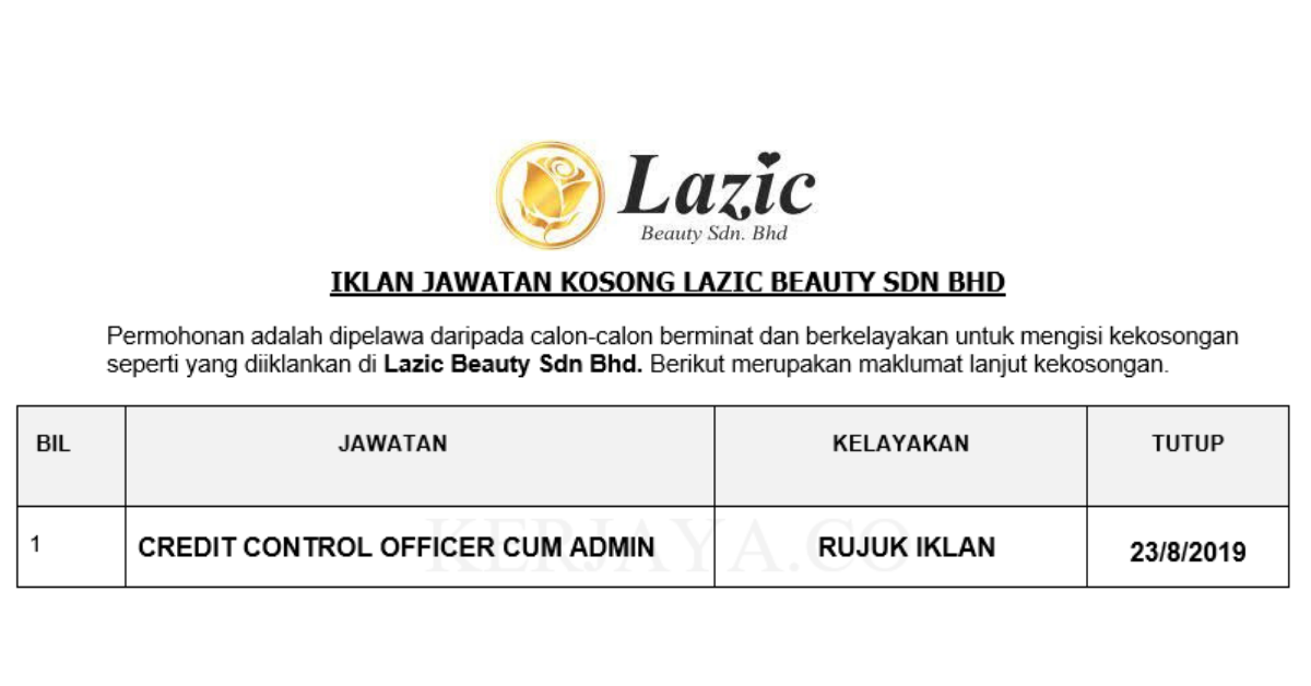 Lazic Beauty Sdn Bhd _ Credit Control Officer cum Admin