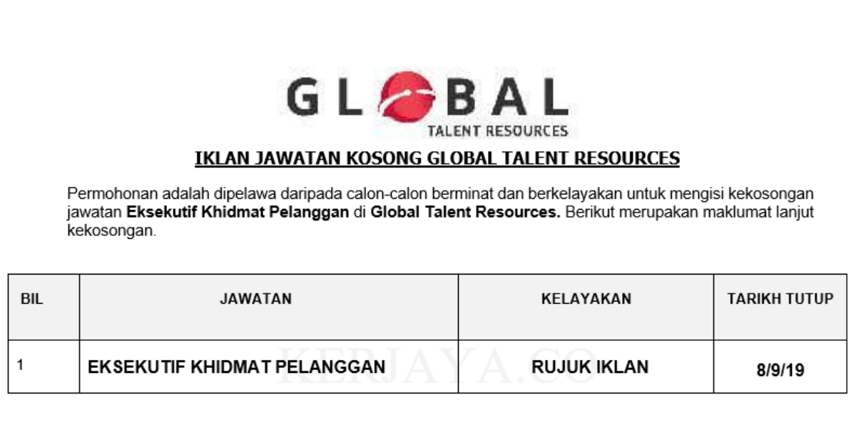 permohonan-jawatan-kosong-global-talent-resources-eksekutif-khidmat-pelanggan-portal-kerja