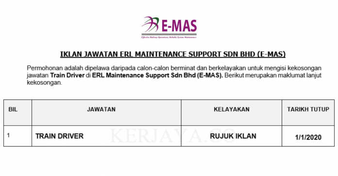 Permohonan Jawatan Kosong Terkini ERL Maintenance Support Sdn Bhd (E-MAS)