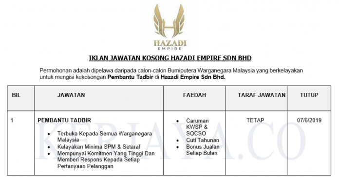Permohonan Jawatan Kosong Terkini Hazadi Empire Sdn Bhd Permohonan Jawatan Kosong Terkini Hazadi Empire Sdn Bhd