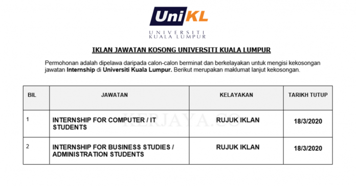 Permohonan Jawatan Kosong Terkini Universiti Kuala Lumpur (UniKL)