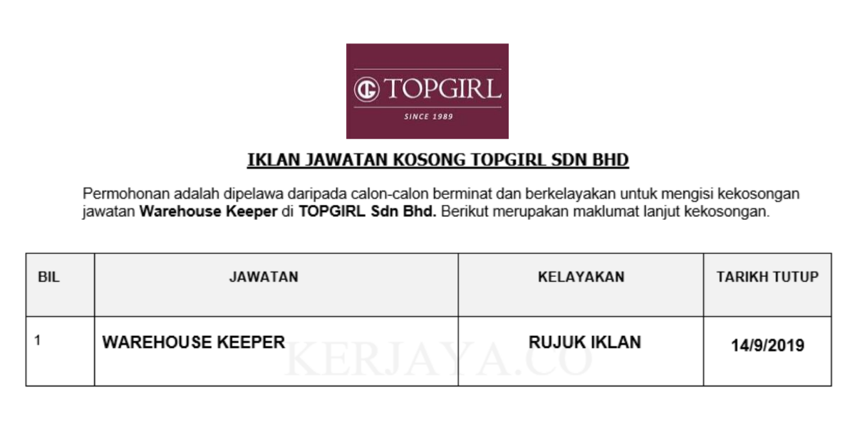 TOPGIRL Sdn Bhd ~ Warehouse Keeper
