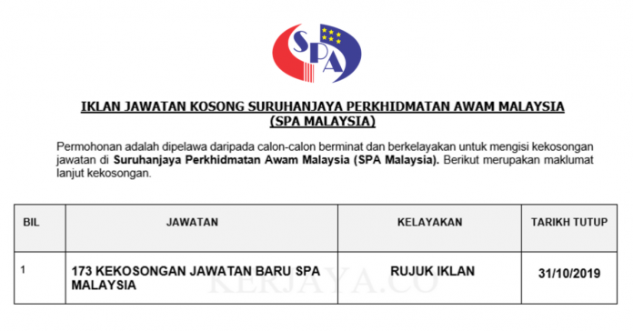 173 kekosongan Jawatan Suruhanjaya Perkhidmatan Awam Malaysia (SPA Malaysia) 173 kekosongan Jawatan Suruhanjaya Perkhidmatan Awam Malaysia (SPA Malaysia)