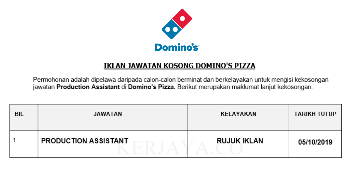 Permohonan Jawatan Kosong Domino s Pizza Production Assistant 