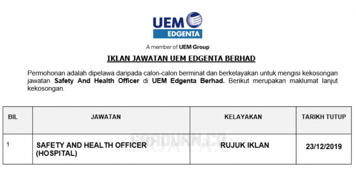 Permohonan Jawatan Kosong Terkini UEM Edgenta Berhad