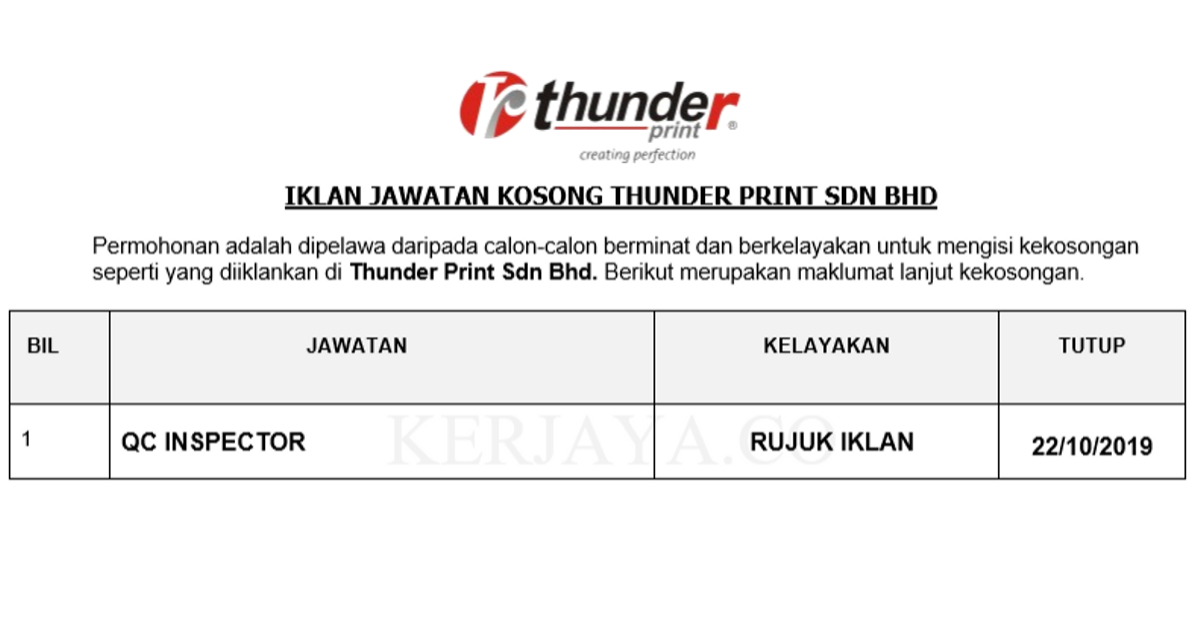 Thunder Print Sdn Bhd _ QC Inspector