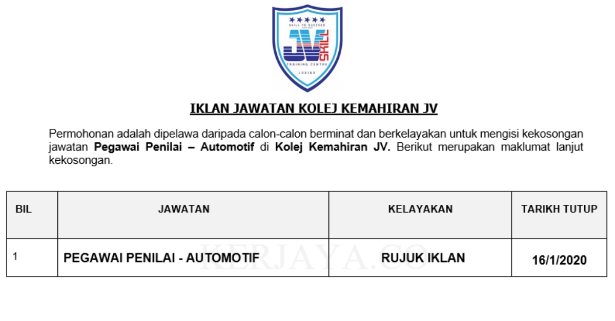 Permohonan Jawatan Kosong Kolej Kemahiran Jv Jv Skill Portal Kerja Kosong Graduan