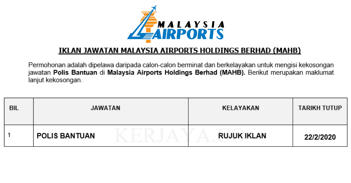 Permohonan Jawatan Kosong Malaysia Airports Holdings Berhad (MAHB ...