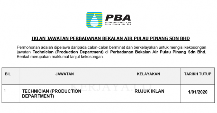 Permohonan Jawatan Kosong Terkini Perbadanan Bekalan Air Pulau Pinang Sdn Bhd