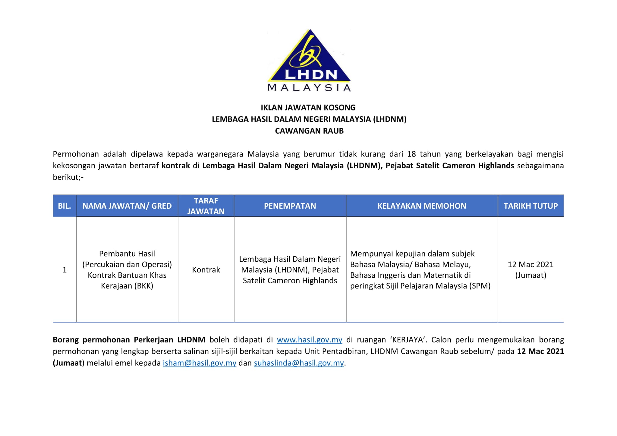 Iklan Jawatan Lembaga Hasil Dalam Negeri Malaysia (LHDNM) • Portal