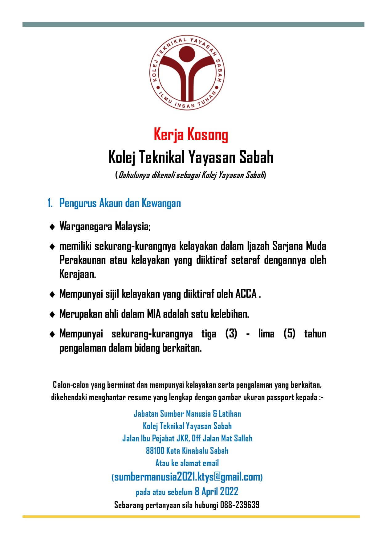 Iklan Jawtan Kolej Teknikal Yayasan Sabah • Portal Kerja Kosong Graduan